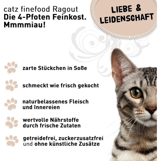 catz finefood Ragout N° 605 Salmon & Duck Wet Cat Food - Delicatessen Wet Food for Cats in Sauce without Grain and Sugar with High Meat Content, 6 x 190 g Tin catz finefood Ragout N° 605 Salmon & Duck Wet Cat Food - Delicatessen Wet Food for Cats in Sauce without Grain and Sugar with High Meat Content, 6 x 190 g Tin