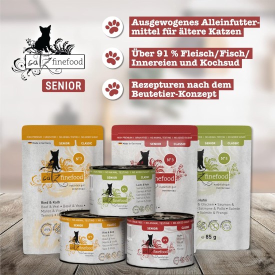 catz finefood Senior Collection Wet Cat Food - Premium Wet Food for Your Senior Cat - Grain-Free, No Sugar, High Meat Content, Vitamins & Minerals (6 x 200 g Tin) catz finefood Senior Collection Wet Cat Food - Premium Wet Food for Your Senior Cat - Grain-Free, No Sugar, High Meat Content, Vitamins & Minerals (6 x 200 g Tin)