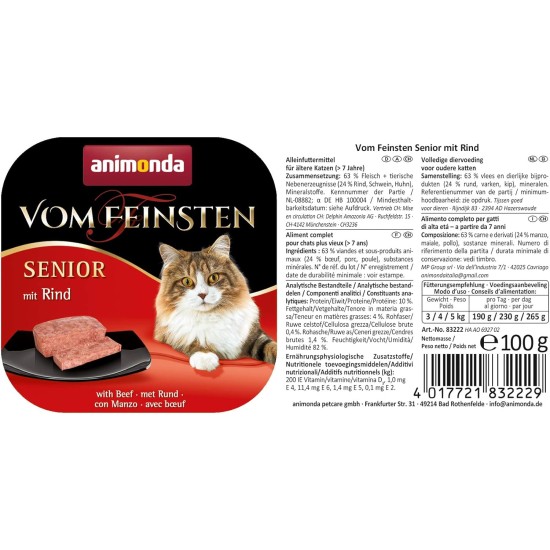 vom Feinsten Senior Cat Food Wet Wet Food Variety (32 x 100 g), Cat Food from 7 Years by animonda, without Grains and Sugar, with Fresh, Meaty Ingredients vom Feinsten Senior Cat Food Wet Wet Food Variety (32 x 100 g), Cat Food from 7 Years by animonda, without Grains and Sugar, with Fresh, Meaty Ingredients
