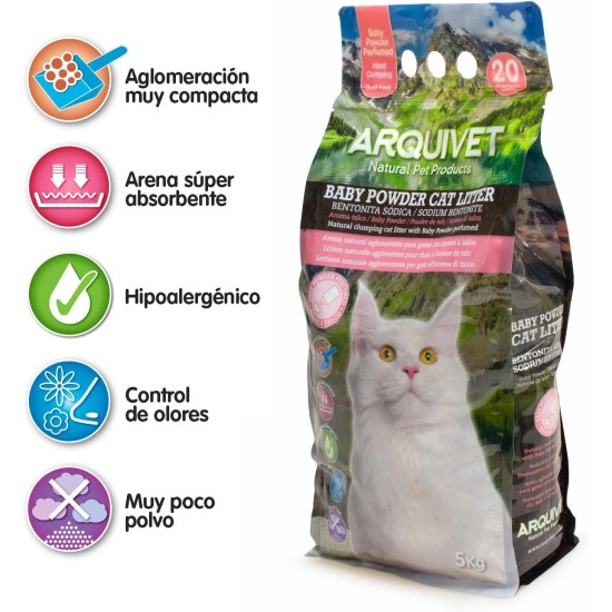 ARQUIVET Baby Powder Cat Litter 5 Kg - 100% natürliches Talkumpuder duftendes Klumpstreu für Katzen - Katzenstreu - Saugfähigkeit - Hilft Gerüche und Bakterien zu beseitigen ARQUIVET Baby Powder Cat Litter 5 Kg - 100% natürliches Talkumpuder duftendes Klumpstreu für Katzen - Katzenstreu - Saugfähigkeit - Hilft Gerüche und Bakterien zu beseitigen