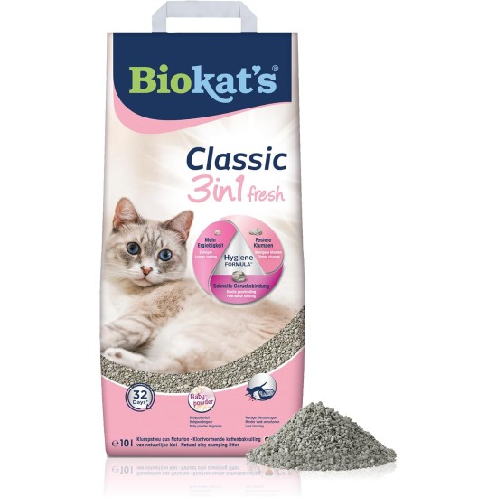 Biokat's Classic Fresh 3-in-1 with Baby Powder Fragrance - Clumping Cat Litter with 3 Different Grain Sizes - 1 Bag (1 x 10 L) Biokat's Classic Fresh 3-in-1 with Baby Powder Fragrance - Clumping Cat Litter with 3 Different Grain Sizes - 1 Bag (1 x 10 L)