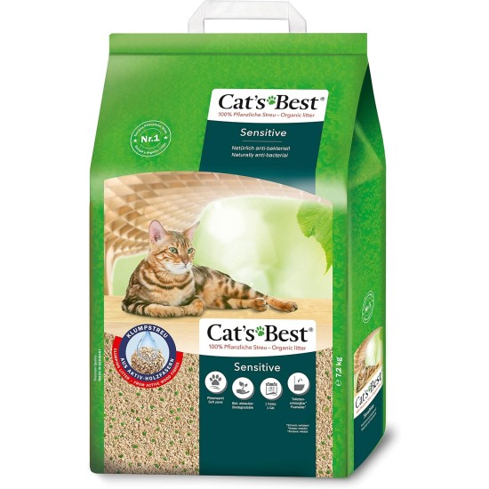 Cat's Best Sensitive 100% Plant-Based Cat Litter, Firm Clumping and Antibacterial Made from Refined Active Wood Fibres - Specially Designed for Sensitive Cats, 7.2kg/20L Cat's Best Sensitive 100% Plant-Based Cat Litter, Firm Clumping and Antibacterial Made from Refined Active Wood Fibres - Specially Designed for Sensitive Cats, 7.2kg/20L