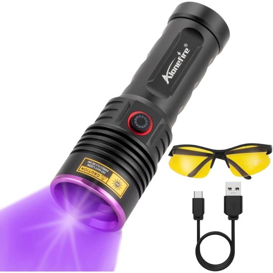 Alonefire SV53 36W 365nm UV Torch USB Rechargeable Ultraviolet Black Light Pet Urine Detector for Resin, Fishing, Mineral, Amber with Charging Station, UV Safety Glasses, Battery Included Alonefire SV53 36W 365nm UV Torch USB Rechargeable Ultraviolet Black Light Pet Urine Detector for Resin, Fishing, Mineral, Amber with Charging Station, UV Safety Glasses, Battery Included