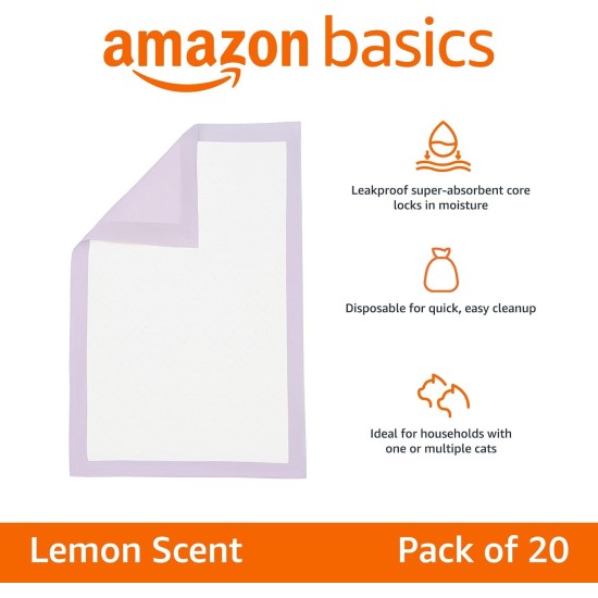 Amazon Basics 40 Pack Disposable Cat Litter Tray Liners with Quick Dry Surface – Purple, Lemon Scented Amazon Basics 40 Pack Disposable Cat Litter Tray Liners with Quick Dry Surface – Purple, Lemon Scented