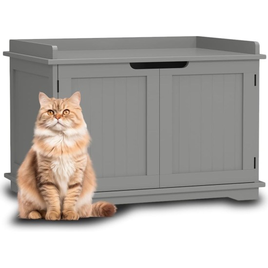 BAKAJI Raised Cat Litter Tray with Side Entrance, Round Entrance, Multi-Purpose Pet Cabinet with 2 Doors, Magnetic Closure, Bed Colour Grey, 72 x 51 x 52 cm BAKAJI Raised Cat Litter Tray with Side Entrance, Round Entrance, Multi-Purpose Pet Cabinet with 2 Doors, Magnetic Closure, Bed Colour Grey, 72 x 51 x 52 cm