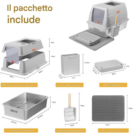 BAKAJI XXL Cat Litter Tray with Stainless Steel Base 35 Litres and Transparent Lockable Door, Sandpit, Shovel with Container and Dirt Mat 40 x 60 x 39 cm BAKAJI XXL Cat Litter Tray with Stainless Steel Base 35 Litres and Transparent Lockable Door, Sandpit, Shovel with Container and Dirt Mat 40 x 60 x 39 cm