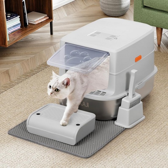BAKAJI XXL Cat Litter Tray with Steel Base of 36 Litres and Sand-Repellent Tread Surface, Activated Carbon Filter, Odour-Inhibiting Door, Transparent Flap, Scoop with Container, Dirt Mat 58 x 42 x 40 BAKAJI XXL Cat Litter Tray with Steel Base of 36 Litres and Sand-Repellent Tread Surface, Activated Carbon Filter, Odour-Inhibiting Door, Transparent Flap, Scoop with Container, Dirt Mat 58 x 42 x 40