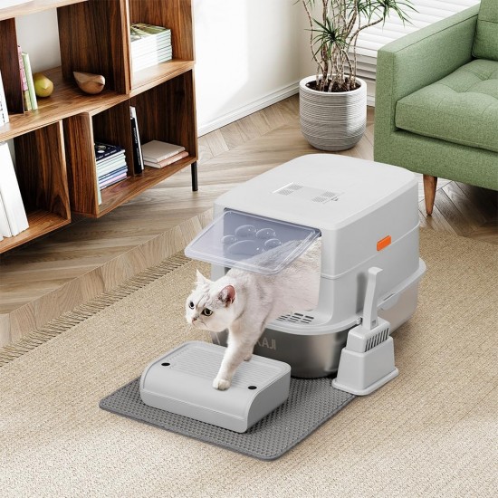 BAKAJI XXL Cat Litter Tray with Steel Base of 36 Litres and Sand-Repellent Tread Surface, Activated Carbon Filter, Odour-Inhibiting Door, Transparent Flap, Scoop with Container, Dirt Mat 58 x 42 x 40 BAKAJI XXL Cat Litter Tray with Steel Base of 36 Litres and Sand-Repellent Tread Surface, Activated Carbon Filter, Odour-Inhibiting Door, Transparent Flap, Scoop with Container, Dirt Mat 58 x 42 x 40