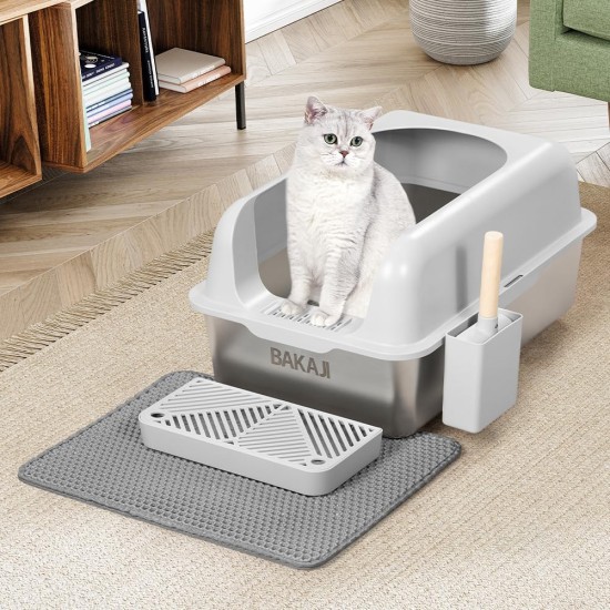 BAKAJI XXL Katzentoilette mit Stahlfuß mit Rand und sandabweisender Trittfläche, Auffangschaufel mit Behälter und Schmutzmatte, Rutschfester Boden, Fassungsvermögen 35 Liter, 60 x 40 x 30 cm BAKAJI XXL Katzentoilette mit Stahlfuß mit Rand und sandabweisender Trittfläche, Auffangschaufel mit Behälter und Schmutzmatte, Rutschfester Boden, Fassungsvermögen 35 Liter, 60 x 40 x 30 cm