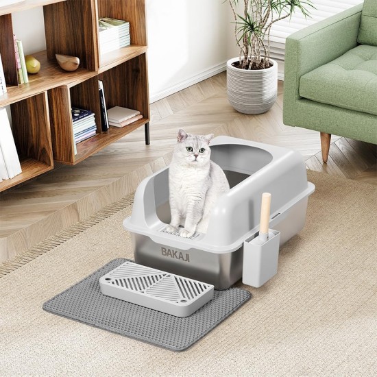 BAKAJI XXL Katzentoilette mit Stahlfuß mit Rand und sandabweisender Trittfläche, Auffangschaufel mit Behälter und Schmutzmatte, Rutschfester Boden, Fassungsvermögen 35 Liter, 60 x 40 x 30 cm BAKAJI XXL Katzentoilette mit Stahlfuß mit Rand und sandabweisender Trittfläche, Auffangschaufel mit Behälter und Schmutzmatte, Rutschfester Boden, Fassungsvermögen 35 Liter, 60 x 40 x 30 cm