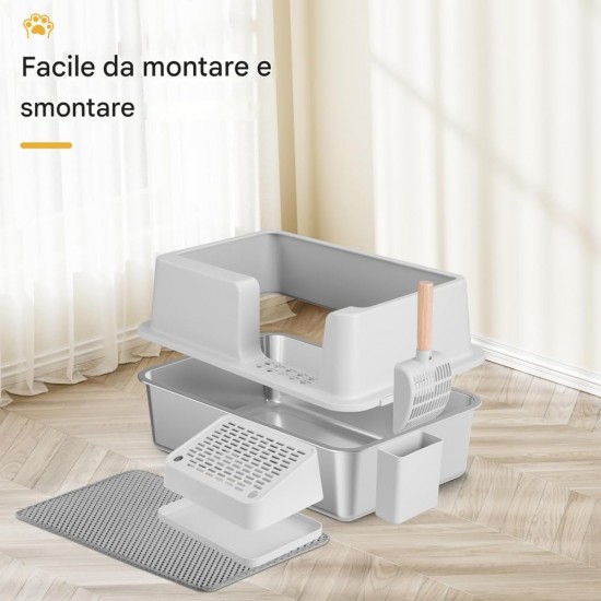 BAKAJI XXL Semi-Open Cat Litter Tray with Stainless Steel Base, Capacity 35 Litres and Sandpit, Shovel with Container and Dirt Mat, 60 x 40 x 30 cm BAKAJI XXL Semi-Open Cat Litter Tray with Stainless Steel Base, Capacity 35 Litres and Sandpit, Shovel with Container and Dirt Mat, 60 x 40 x 30 cm