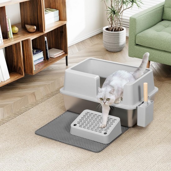 BAKAJI XXL Semi-Open Cat Litter Tray with Stainless Steel Base, Capacity 35 Litres and Sandpit, Shovel with Container and Dirt Mat, 60 x 40 x 30 cm BAKAJI XXL Semi-Open Cat Litter Tray with Stainless Steel Base, Capacity 35 Litres and Sandpit, Shovel with Container and Dirt Mat, 60 x 40 x 30 cm