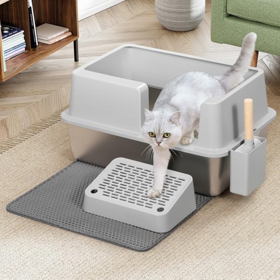 BAKAJI XXL Semi-Open Cat Litter Tray with Stainless Steel Base, Capacity 35 Litres and Sandpit, Shovel with Container and Dirt Mat, 60 x 40 x 30 cm BAKAJI XXL Semi-Open Cat Litter Tray with Stainless Steel Base, Capacity 35 Litres and Sandpit, Shovel with Container and Dirt Mat, 60 x 40 x 30 cm