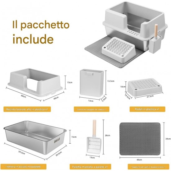 BAKAJI XXL Semi-Open Cat Litter Tray with Stainless Steel Base, Capacity 35 Litres and Sandpit, Shovel with Container and Dirt Mat, 60 x 40 x 30 cm BAKAJI XXL Semi-Open Cat Litter Tray with Stainless Steel Base, Capacity 35 Litres and Sandpit, Shovel with Container and Dirt Mat, 60 x 40 x 30 cm