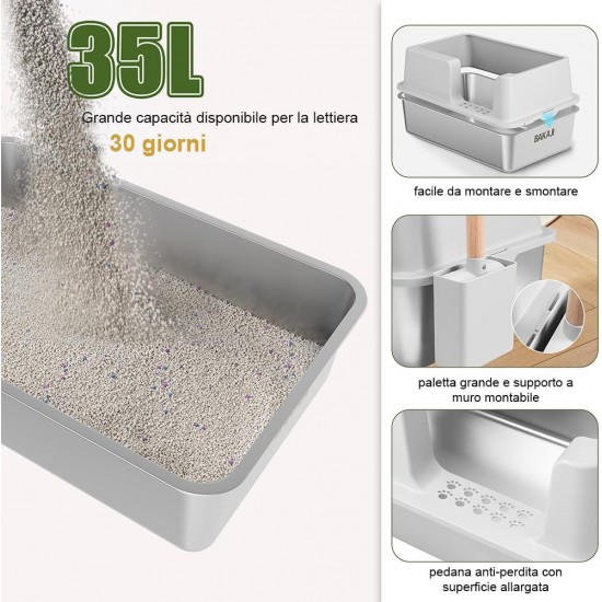 BAKAJI XXL Semi-Open Cat Litter Tray with Stainless Steel Base, Capacity 35 Litres and Sandpit, Shovel with Container and Dirt Mat, 60 x 40 x 30 cm BAKAJI XXL Semi-Open Cat Litter Tray with Stainless Steel Base, Capacity 35 Litres and Sandpit, Shovel with Container and Dirt Mat, 60 x 40 x 30 cm