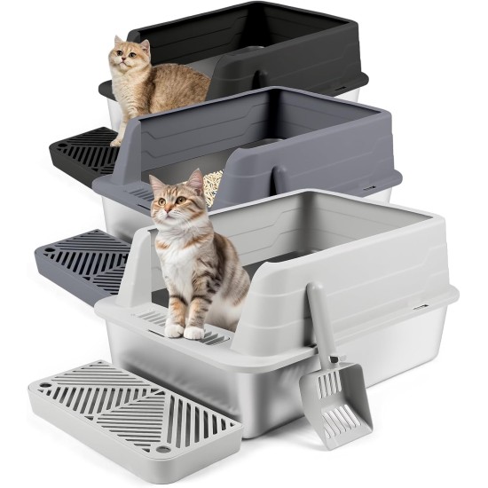 Bartuke Stainless Steel Cat Litter Box, Metal High Sided Litter Tray with Scoop, Filter Pedal, Non-Stick, Non-Odor, Easy Cleaning (Dark Grey) Bartuke Stainless Steel Cat Litter Box, Metal High Sided Litter Tray with Scoop, Filter Pedal, Non-Stick, Non-Odor, Easy Cleaning (Dark Grey)