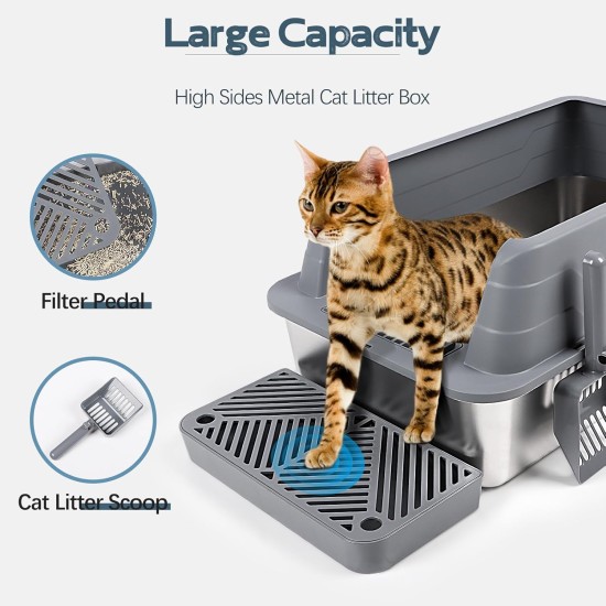 Bartuke Stainless Steel Cat Litter Box, Metal High Sided Litter Tray with Scoop, Filter Pedal, Non-Stick, Non-Odor, Easy Cleaning (Dark Grey) Bartuke Stainless Steel Cat Litter Box, Metal High Sided Litter Tray with Scoop, Filter Pedal, Non-Stick, Non-Odor, Easy Cleaning (Dark Grey)