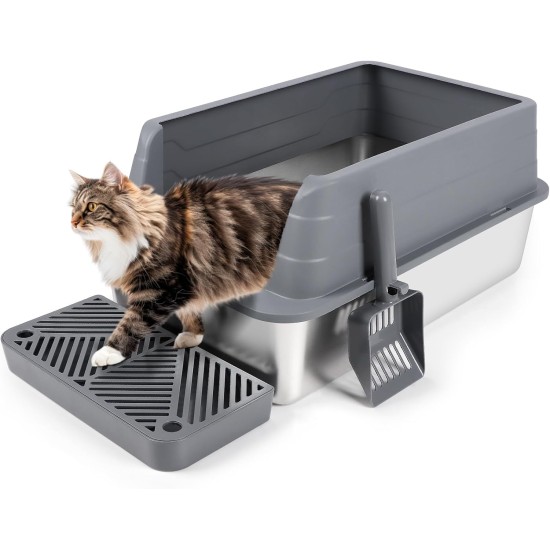 Bartuke Stainless Steel Cat Litter Box, Metal High Sided Litter Tray with Scoop, Filter Pedal, Non-Stick, Non-Odor, Easy Cleaning (Dark Grey) Bartuke Stainless Steel Cat Litter Box, Metal High Sided Litter Tray with Scoop, Filter Pedal, Non-Stick, Non-Odor, Easy Cleaning (Dark Grey)
