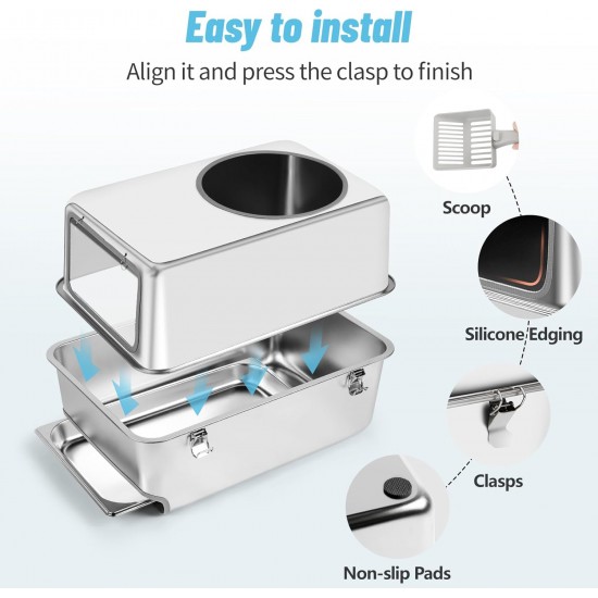Bartuke Stainless Steel Cat Waste Box, Extra Large High-sided Metal Waste Tray with Pull-Out Drawer, Scoop, Filter Pedal, Non-Sticky, Odourless, Easy to Clean Bartuke Stainless Steel Cat Waste Box, Extra Large High-sided Metal Waste Tray with Pull-Out Drawer, Scoop, Filter Pedal, Non-Sticky, Odourless, Easy to Clean