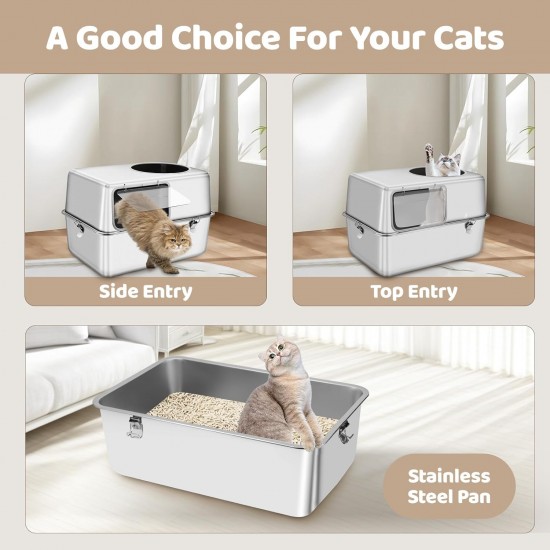 Bartuke Stainless Steel Cat Waste Box, Extra Large High-sided Metal Waste Tray with Pull-Out Drawer, Scoop, Filter Pedal, Non-Sticky, Odourless, Easy to Clean Bartuke Stainless Steel Cat Waste Box, Extra Large High-sided Metal Waste Tray with Pull-Out Drawer, Scoop, Filter Pedal, Non-Sticky, Odourless, Easy to Clean