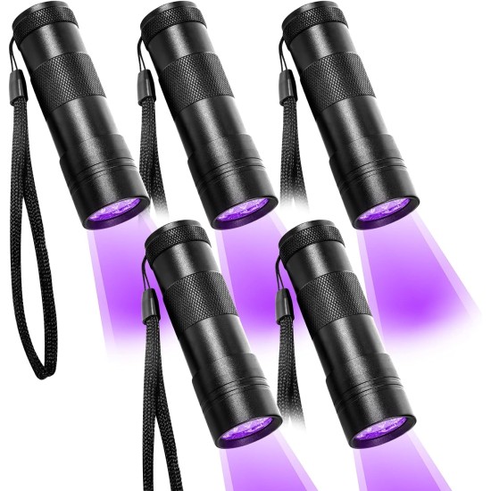 Beinhome UV Torch Black Light Pack of 5 UV Lamp with 12 LEDs 395 nm Pets Urine Detector UV Hand Lamp Light for Dried Urine Stains of Dogs and Cats (Includes 15 AAA Batteries) Beinhome UV Torch Black Light Pack of 5 UV Lamp with 12 LEDs 395 nm Pets Urine Detector UV Hand Lamp Light for Dried Urine Stains of Dogs and Cats (Includes 15 AAA Batteries)