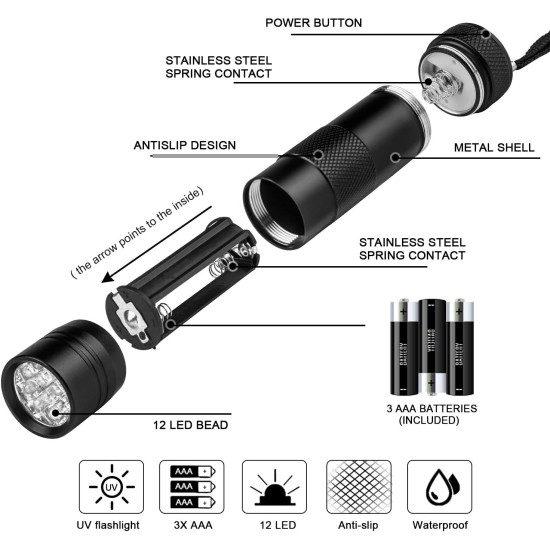 Beinhome UV Torch Black Light Pack of 5 UV Lamp with 12 LEDs 395 nm Pets Urine Detector UV Hand Lamp Light for Dried Urine Stains of Dogs and Cats (Includes 15 AAA Batteries) Beinhome UV Torch Black Light Pack of 5 UV Lamp with 12 LEDs 395 nm Pets Urine Detector UV Hand Lamp Light for Dried Urine Stains of Dogs and Cats (Includes 15 AAA Batteries)