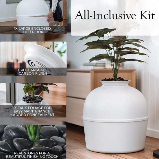 Bundle & Bliss Secret Cat Litter Tray - Hidden Cat Litter Tray Enclosure, Patented Design with Odour Control, Includes Artificial Plant, Carbon Filter and Real Stones, Vivid White Bundle & Bliss Secret Cat Litter Tray - Hidden Cat Litter Tray Enclosure, Patented Design with Odour Control, Includes Artificial Plant, Carbon Filter and Real Stones, Vivid White