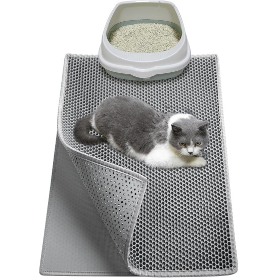 Cat Litter Tray Mat, 90 x 76 cm EVA Cat Litter Mat, Honeycomb Cat Litter Mat, Double Layer, Grey, 1 Side Connected Cat Litter Tray Mat, 90 x 76 cm EVA Cat Litter Mat, Honeycomb Cat Litter Mat, Double Layer, Grey, 1 Side Connected