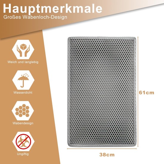 Cat Litter Tray Mat, 90 x 76 cm EVA Cat Litter Mat, Honeycomb Cat Litter Mat, Double Layer, Grey, 1 Side Connected Cat Litter Tray Mat, 90 x 76 cm EVA Cat Litter Mat, Honeycomb Cat Litter Mat, Double Layer, Grey, 1 Side Connected