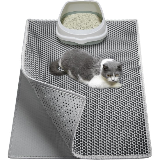 Cat Litter Tray Mat, 90 x 76 cm EVA Cat Litter Mat, Honeycomb Cat Litter Mat, Double Layer, Grey, 1 Side Connected Cat Litter Tray Mat, 90 x 76 cm EVA Cat Litter Mat, Honeycomb Cat Litter Mat, Double Layer, Grey, 1 Side Connected