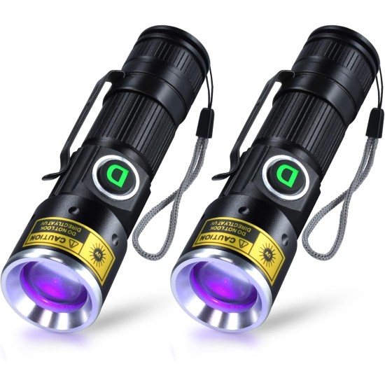 DARKDAWN Torches UV 395nm Light USB Rechargeable Ultraviolet LED Black Light Torch Mini Woodsche Lamp with Zoom, Detector for Pet Urine, Amber, Uranium Glass, Resin Hardening, Pack of 2 DARKDAWN Torches UV 395nm Light USB Rechargeable Ultraviolet LED Black Light Torch Mini Woodsche Lamp with Zoom, Detector for Pet Urine, Amber, Uranium Glass, Resin Hardening, Pack of 2
