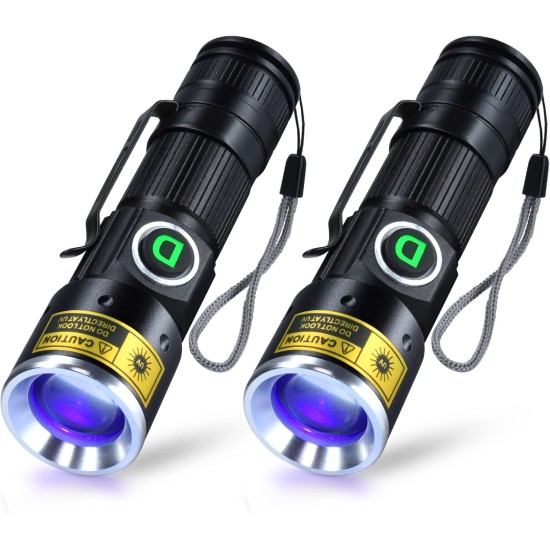 DARKDAWN Torches UV 395nm Light USB Rechargeable Ultraviolet LED Black Light Torch Mini Woodsche Lamp with Zoom, Detector for Pet Urine, Amber, Uranium Glass, Resin Hardening, Pack of 2 DARKDAWN Torches UV 395nm Light USB Rechargeable Ultraviolet LED Black Light Torch Mini Woodsche Lamp with Zoom, Detector for Pet Urine, Amber, Uranium Glass, Resin Hardening, Pack of 2