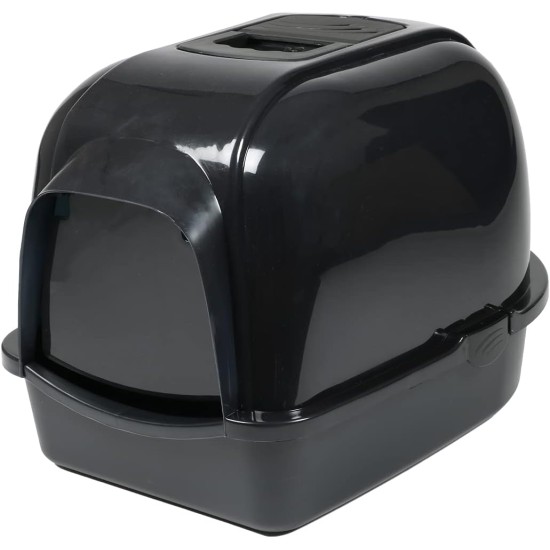 Ebi, Cat Litter Tray Eclipse Black 43 x 56 x 40 cm Covered Basin with Non-Slip Feet with Semi-Transparent Black Door and Handle Odor Absorbing Carbon Filter Plastic
