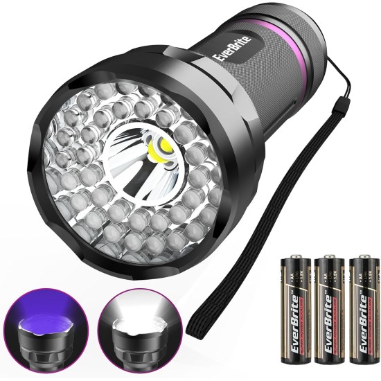 EverBrite 2 in 1 Black Light UV Torch with 38 LEDs, 395 nm Ultraviolet Light Lamp with 300 LM White Light, Pet Urine Detector for Dogs and Cats, Money Tester with 3 AA Batteries