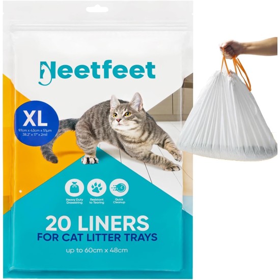 Extra Large Cat Litter Tray Liners with Drawstring, 38 x 17 Inch, Scratch-Resistant and Leakproof Plastic Bags, Heavy Duty Cat Litter Box Bags for Large Litter Trays, 2mm Thickness, 20 Pack