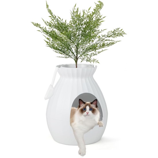FANTASK 2 in 1 Cat Litter Tray, 63L Intelligent Odour Elimination & Sterilisation with Door Curtain, Flower Pot Style with Artificial Plant, Pebbles & Shovel FANTASK 2 in 1 Cat Litter Tray, 63L Intelligent Odour Elimination & Sterilisation with Door Curtain, Flower Pot Style with Artificial Plant, Pebbles & Shovel