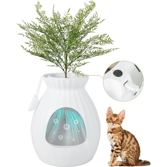 FANTASK 2 in 1 Cat Litter Tray, 63L Intelligent Odour Elimination & Sterilisation with Door Curtain, Flower Pot Style with Artificial Plant, Pebbles & Shovel FANTASK 2 in 1 Cat Litter Tray, 63L Intelligent Odour Elimination & Sterilisation with Door Curtain, Flower Pot Style with Artificial Plant, Pebbles & Shovel