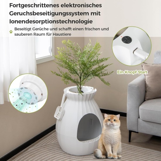FANTASK 2 in 1 Cat Litter Tray, 63L Intelligent Odour Elimination & Sterilisation with Door Curtain, Flower Pot Style with Artificial Plant, Pebbles & Shovel FANTASK 2 in 1 Cat Litter Tray, 63L Intelligent Odour Elimination & Sterilisation with Door Curtain, Flower Pot Style with Artificial Plant, Pebbles & Shovel