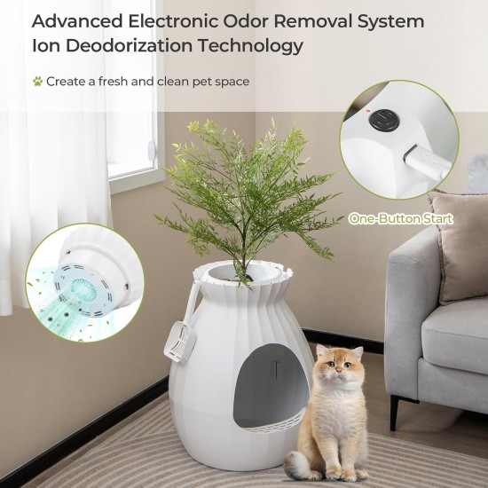 FANTASK 2 in 1 Cat Litter Tray, 63L Intelligent Odour Elimination & Sterilisation with Door Curtain, Flower Pot Style with Artificial Plant, Pebbles & Shovel FANTASK 2 in 1 Cat Litter Tray, 63L Intelligent Odour Elimination & Sterilisation with Door Curtain, Flower Pot Style with Artificial Plant, Pebbles & Shovel