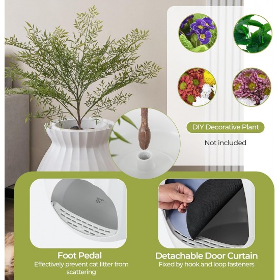 FANTASK 63L Cat Litter Tray, Intelligent Odour Removal & Sterilisation with Door Curtain, Flower Pot Style with Artificial Plant, Pebbles & Shovel, 50 x 50 x 59 cm, White FANTASK 63L Cat Litter Tray, Intelligent Odour Removal & Sterilisation with Door Curtain, Flower Pot Style with Artificial Plant, Pebbles & Shovel, 50 x 50 x 59 cm, White