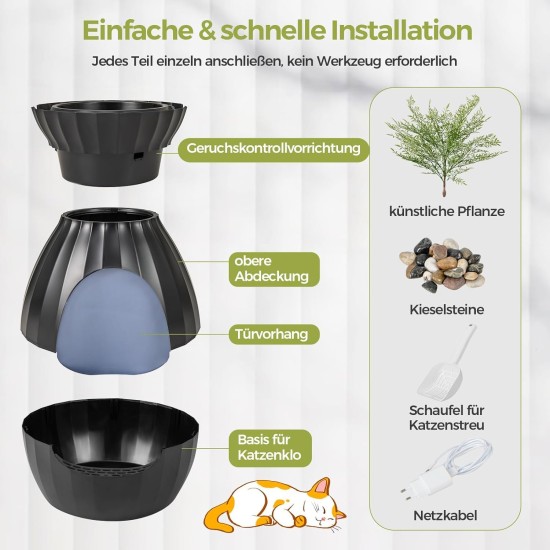 FANTASK Cat Litter Tray, 50 x 50 x 59 cm, Cat Litter Tray with Electronic Odour Elimination System, Flower Pot Style with Artificial Plant and Pebbles, Black Cat Litter Tray FANTASK Cat Litter Tray, 50 x 50 x 59 cm, Cat Litter Tray with Electronic Odour Elimination System, Flower Pot Style with Artificial Plant and Pebbles, Black Cat Litter Tray