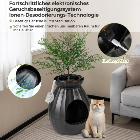 FANTASK Cat Litter Tray, 50 x 50 x 59 cm, Cat Litter Tray with Electronic Odour Elimination System, Flower Pot Style with Artificial Plant and Pebbles, Black Cat Litter Tray FANTASK Cat Litter Tray, 50 x 50 x 59 cm, Cat Litter Tray with Electronic Odour Elimination System, Flower Pot Style with Artificial Plant and Pebbles, Black Cat Litter Tray