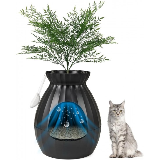 FANTASK Cat Litter Tray, 50 x 50 x 59 cm, Cat Litter Tray with Electronic Odour Elimination System, Flower Pot Style with Artificial Plant and Pebbles, Black Cat Litter Tray FANTASK Cat Litter Tray, 50 x 50 x 59 cm, Cat Litter Tray with Electronic Odour Elimination System, Flower Pot Style with Artificial Plant and Pebbles, Black Cat Litter Tray