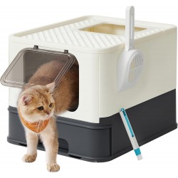 Feandrea Cat Litter Tray with Lid, Extendable Tray, Spacious for Cats up to 15 kg, Less Marks, Leak-proof Base, Beige/Black PPT001W01