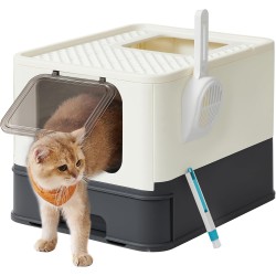 Feandrea Cat Litter Tray with Lid, Extendable Tray, Spacious for Cats up to 15 kg, Less Marks, Leak-proof Base, Beige/Black PPT001W01