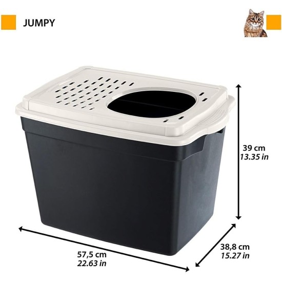 Ferplast Jumpy Cat Litter Tray with Lid with Top Access Perforated Lid 38.8 x 57.5 x H 39 cm, Jumpy Large Cat Litter Box, Black Ferplast Jumpy Cat Litter Tray with Lid with Top Access Perforated Lid 38.8 x 57.5 x H 39 cm, Jumpy Large Cat Litter Box, Black