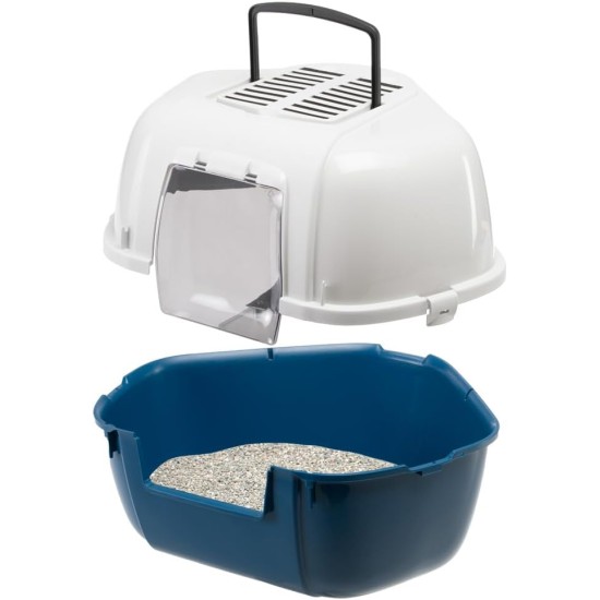 Ferplast Katzenklo, Katzentoilette mit Deckel, Ecktoilette, 2 geruchshemmende Aktivkohlefilter enthalten, abgedunkelte Schwingtür, 57,5 x 51,5 x H 42 cm, MIKA große Katzentoilette, blau Ferplast Katzenklo, Katzentoilette mit Deckel, Ecktoilette, 2 geruchshemmende Aktivkohlefilter enthalten, abgedunkelte Schwingtür, 57,5 x 51,5 x H 42 cm, MIKA große Katzentoilette, blau