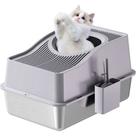 GarveeMore Stainless Steel Cat Litter Box, XXL, Closed Cat Litter Box, Top Opening, Odour Control, Leak-Proof with Removable Cat Litter Tray, 60 x 40 x 39.5 cm, Grey GarveeMore Stainless Steel Cat Litter Box, XXL, Closed Cat Litter Box, Top Opening, Odour Control, Leak-Proof with Removable Cat Litter Tray, 60 x 40 x 39.5 cm, Grey
