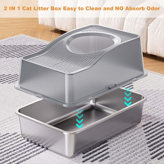 GarveeMore Stainless Steel Cat Litter Box, XXL, Closed Cat Litter Box, Top Opening, Odour Control, Leak-Proof with Removable Cat Litter Tray, 60 x 40 x 39.5 cm, Grey GarveeMore Stainless Steel Cat Litter Box, XXL, Closed Cat Litter Box, Top Opening, Odour Control, Leak-Proof with Removable Cat Litter Tray, 60 x 40 x 39.5 cm, Grey