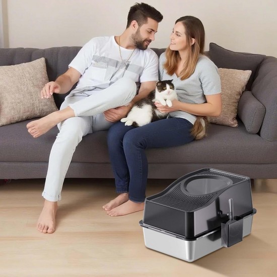 GarveeMore Stainless Steel Cat Litter Box, XXL, Closed Cat Litter Box, Top Opening, Odour Control, Leak-Proof with Removable Cat Litter Tray, 60 x 40 x 39.5 cm, Grey GarveeMore Stainless Steel Cat Litter Box, XXL, Closed Cat Litter Box, Top Opening, Odour Control, Leak-Proof with Removable Cat Litter Tray, 60 x 40 x 39.5 cm, Grey